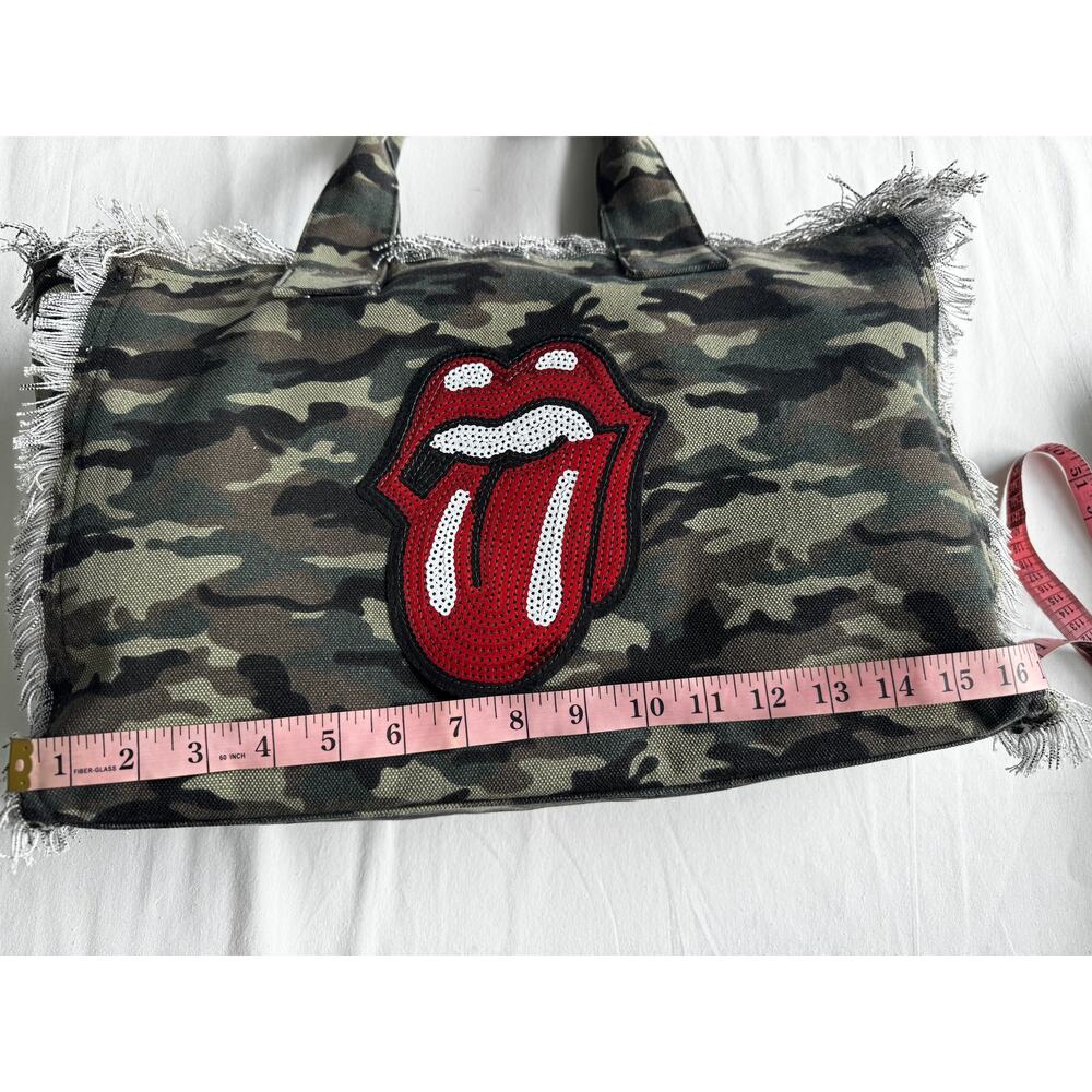 Rolling Stones Camo Canvas Tote Bag Sequin Tongue Fringe Zip Top - Picture 4 of 8
